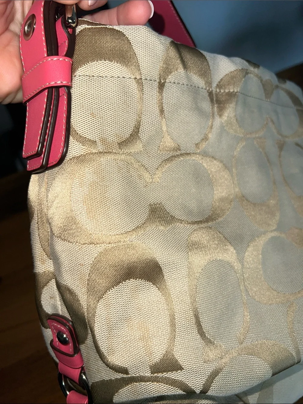 Coach Beige Signature Canvas Shoulder Bag with Pink Leather Strap